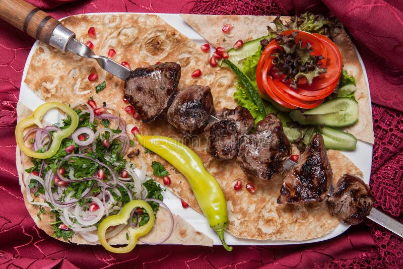 Fried Beef Kebab on a Skewer with Vegetables Stock Image Image of