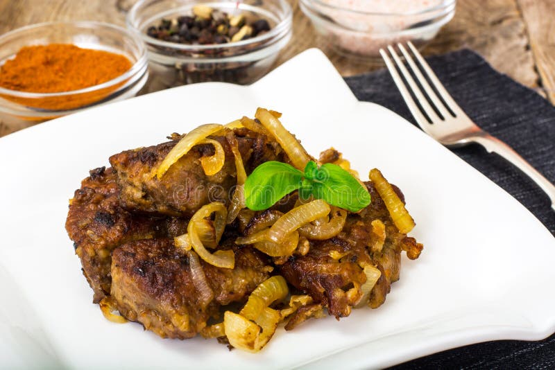 Fried Beef Liver with Onions, Curry and Spices Stock Photo Image of