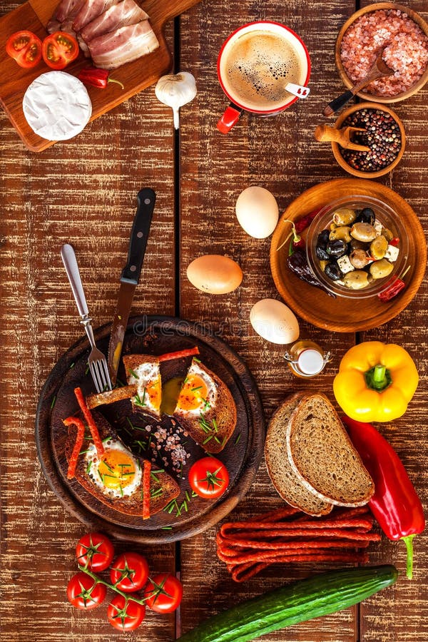 Fried Bread with Egg and Bacon. Hearty Meal. Vegetables and Fried Egg Stock Photo Image of