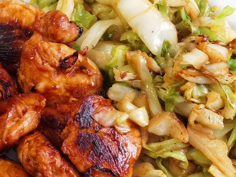 Fried cabbage with chicken stock image. Image of salad 224381089