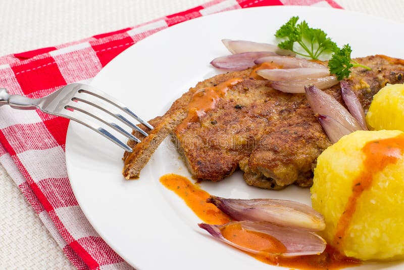 Fried Calf S Liver with Shallots, Dumplings Stock Image Image of