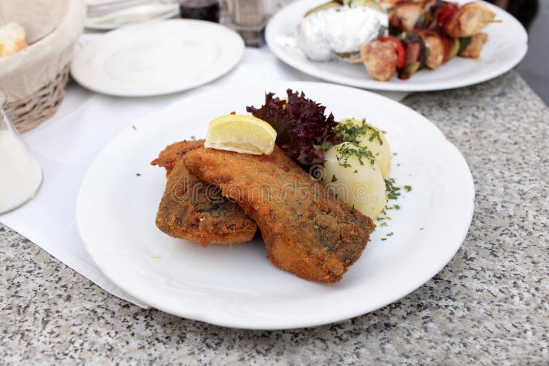 Fried Carp with Potatoes and Slice of Lemon Stock Photo Image of meal