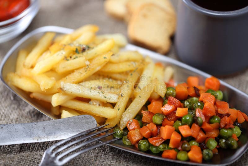 Fried Carrot, Potato and Peas with Wine Stock Image Image of metal