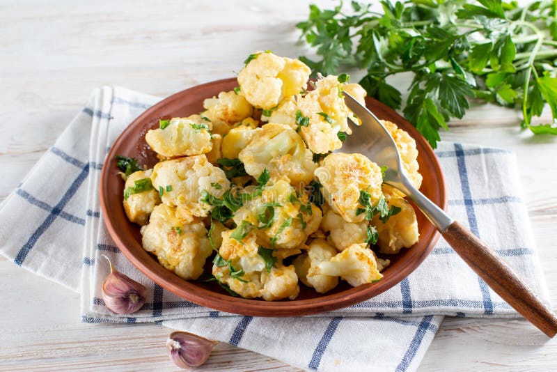 Fried Cauliflower with Egg and Cheese with Herbs Stock Image Image of