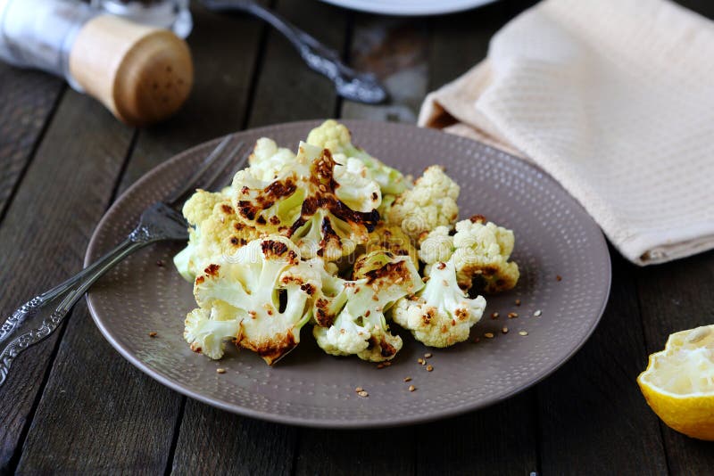 Fried Cauliflower on a Plate Stock Image Image of black, vegetarian