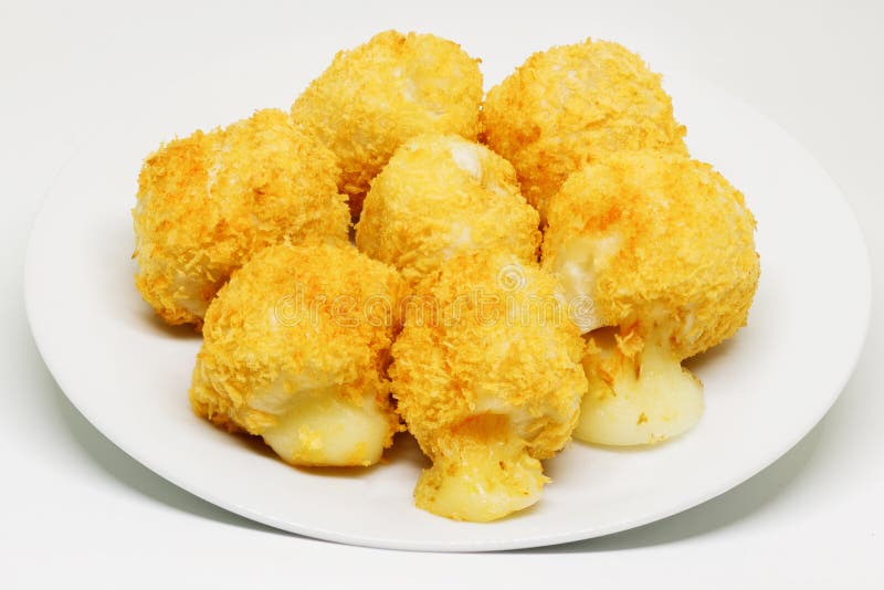 Fried Cheese Balls Cheese Breaded and Deep Fried on White Dish. Stock