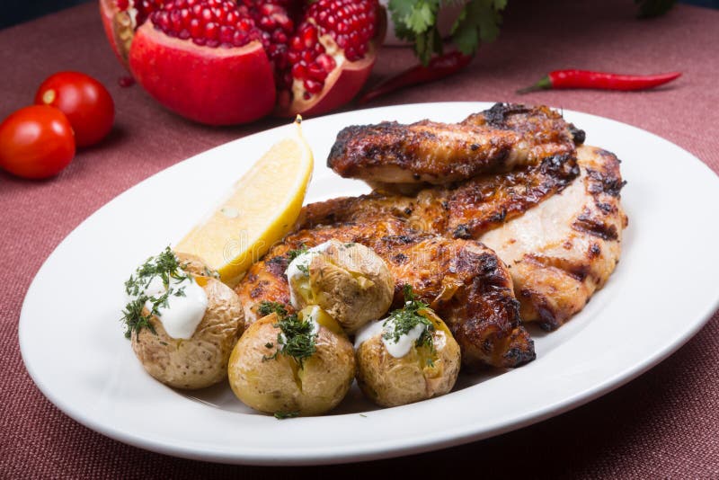Grilled Chicken with Potatoes Stock Photo Image of brown, prepared