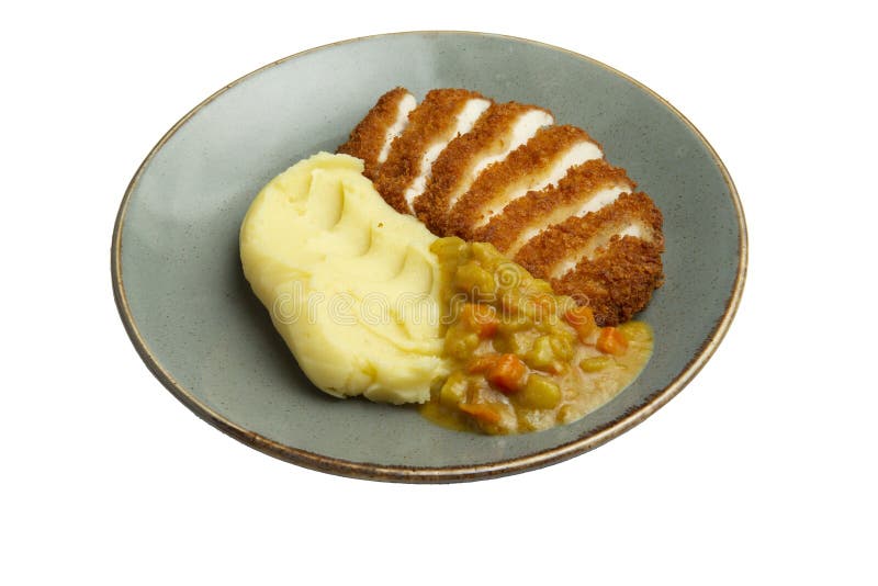 Fried Chicken Breast and Mashed Potatoes in a Plate. Stock Photo