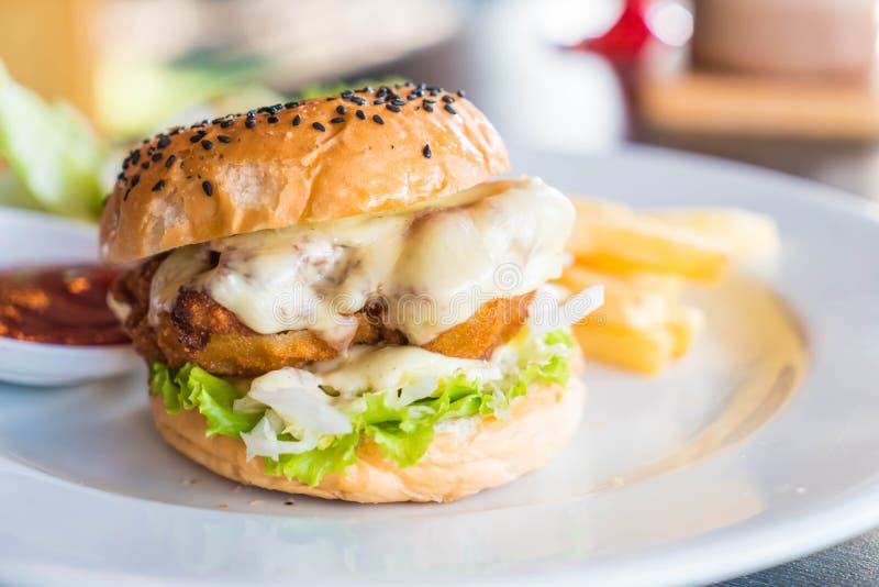 Fried chicken burger with cheese stock images