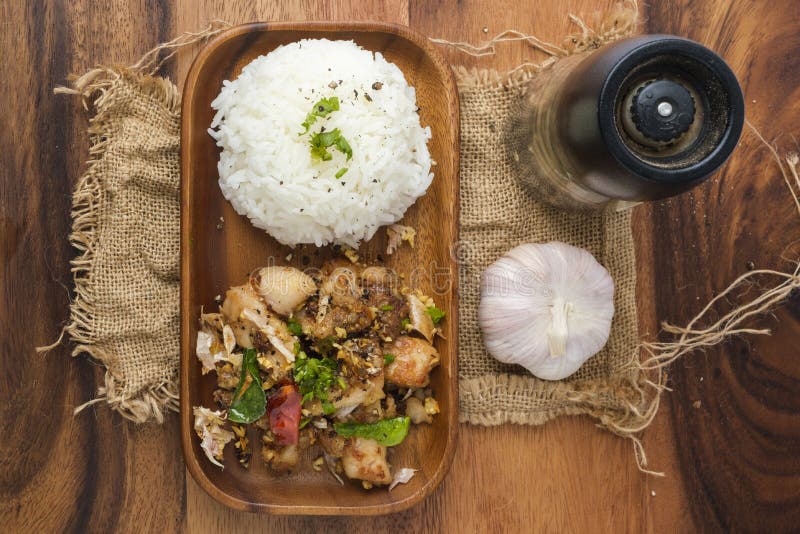 Fried Chicken with Garlic and Pepper with Rice. Thai Dish Stock Image