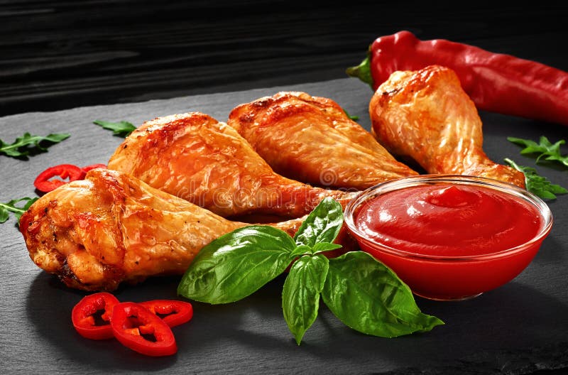 Fried Chicken Legs with Ketchup, Chili Pepper and Basil Stock Image