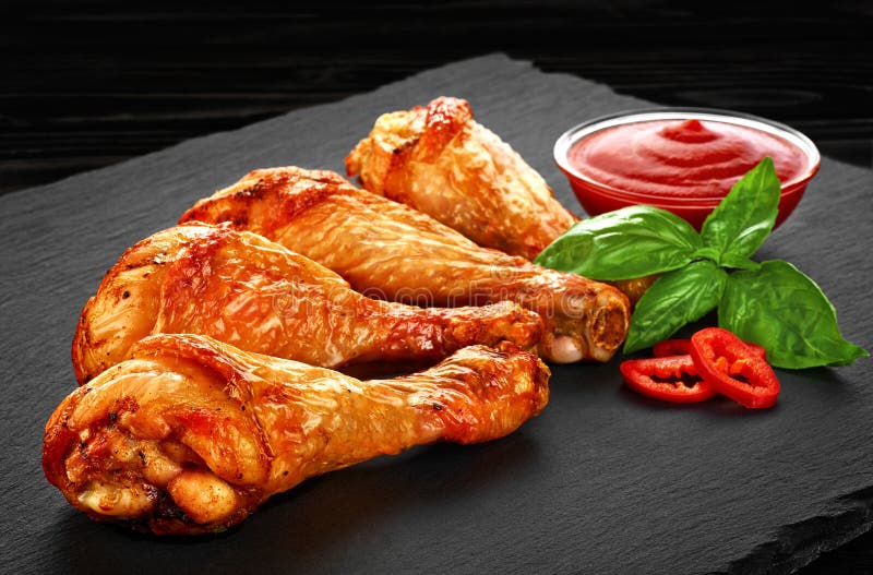 Fried Chicken Legs Ketchup Chili Pepper Basil Stock Photos Free