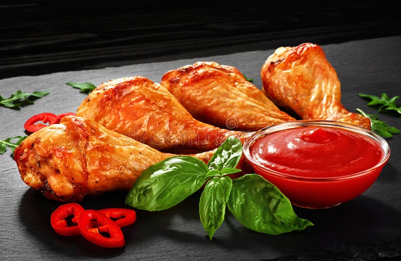 Fried Chicken Legs Ketchup Chili Pepper Basil Stock Photos Free