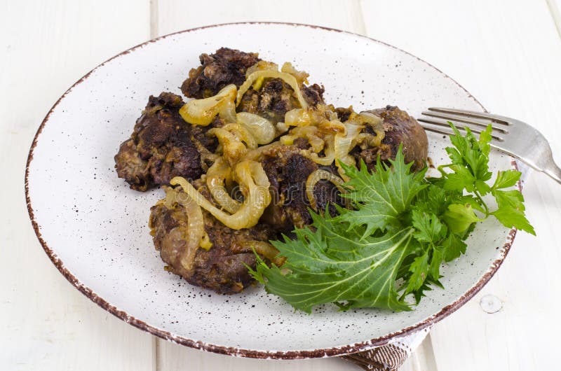 Fried Chicken Liver in Batter on Plate with Greens Stock Photo - Image ...