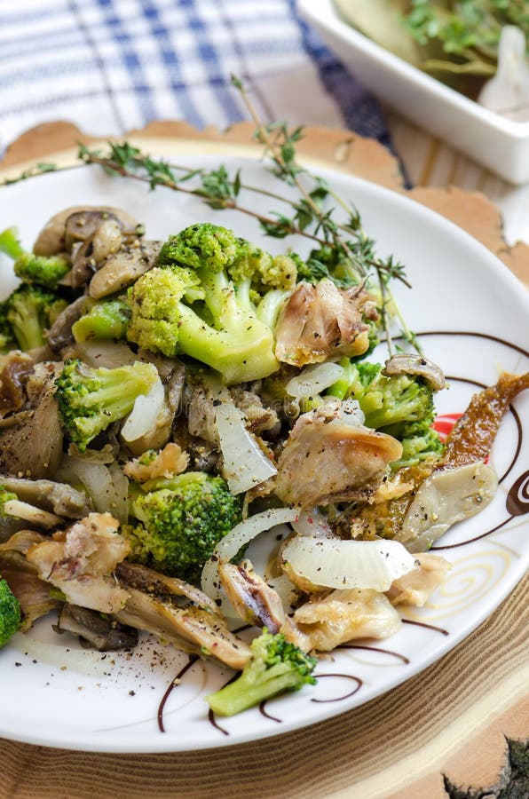 Fried Chicken with Mushrooms and Broccoli. Stock Photo - Image of