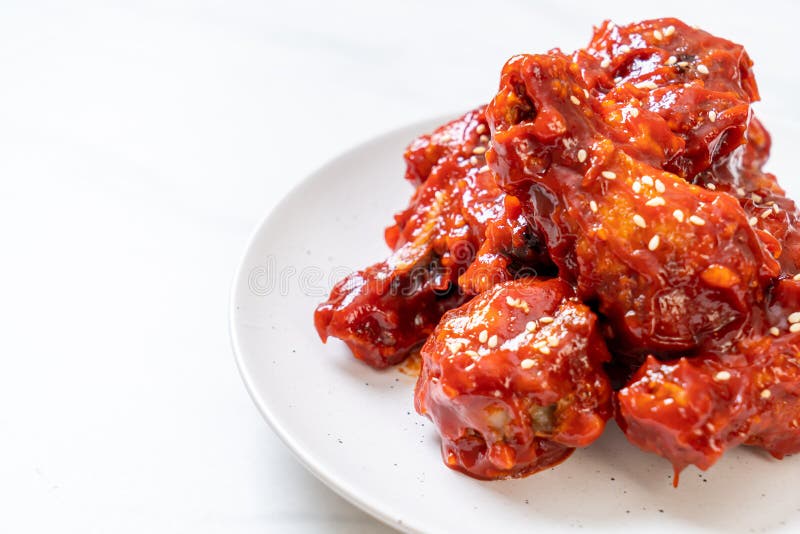 Fried chicken with spicy sauce royalty free stock photo