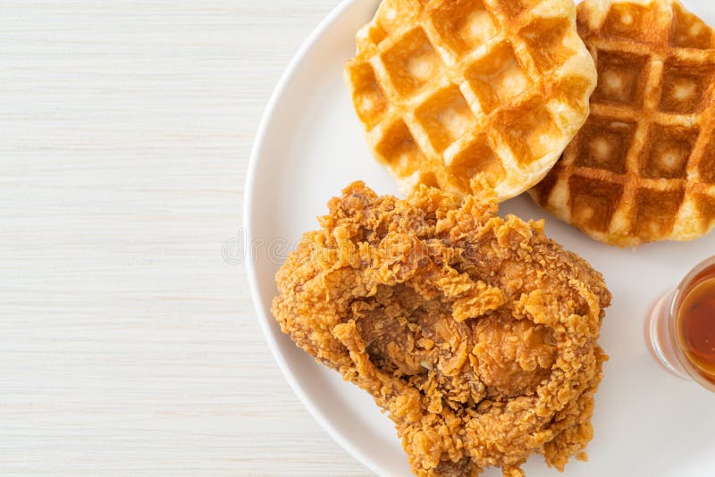 Fried Chicken Waffle with Honey or Maple Syrup Stock Image Image of