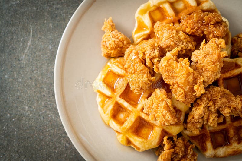 Fried Chicken Waffle with Honey or Maple Syrup Stock Photo Image of