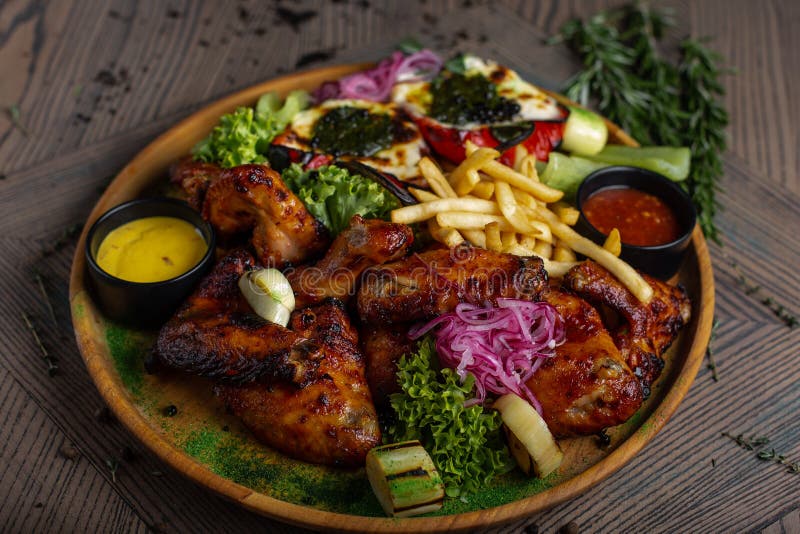 Fried Chicken Wings and French Fries. Menu Stock Photo - Image of fast