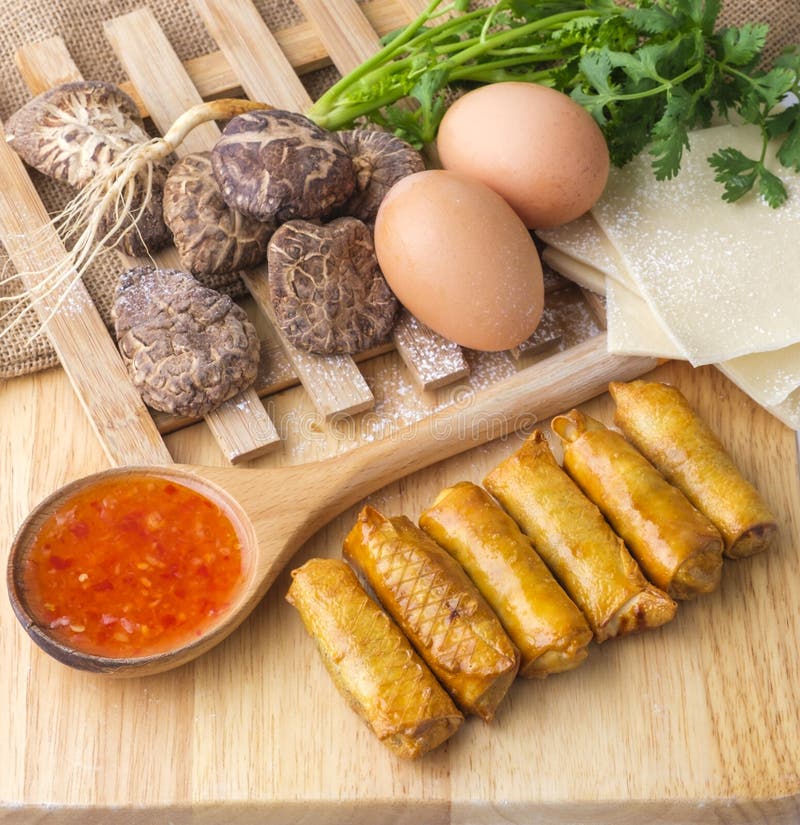 Fried Chinese Spring Rolls with Sweet Chili Sauce Stock Photo Image