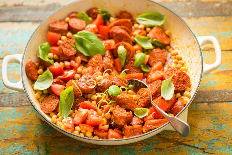 Fried Chorizo Sausage with Chickpeas, Tomatoes, Lemon & Basil Stock Image Image of bowl