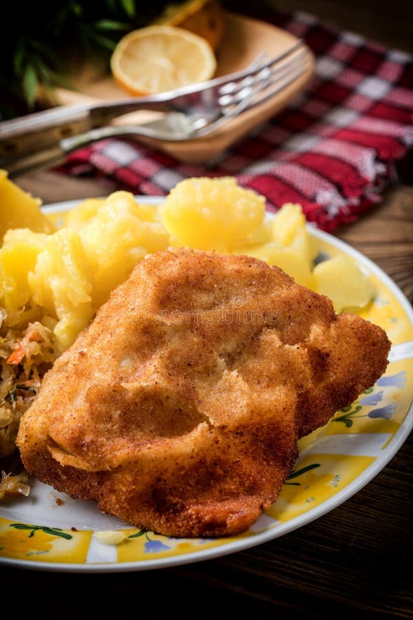 Fried cod fillet served. stock photo. Image of meal, fried - 99163838