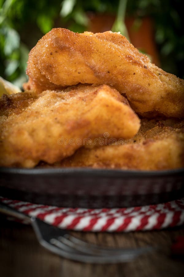 Fried cod slices in breadcrumbs royalty free stock photography