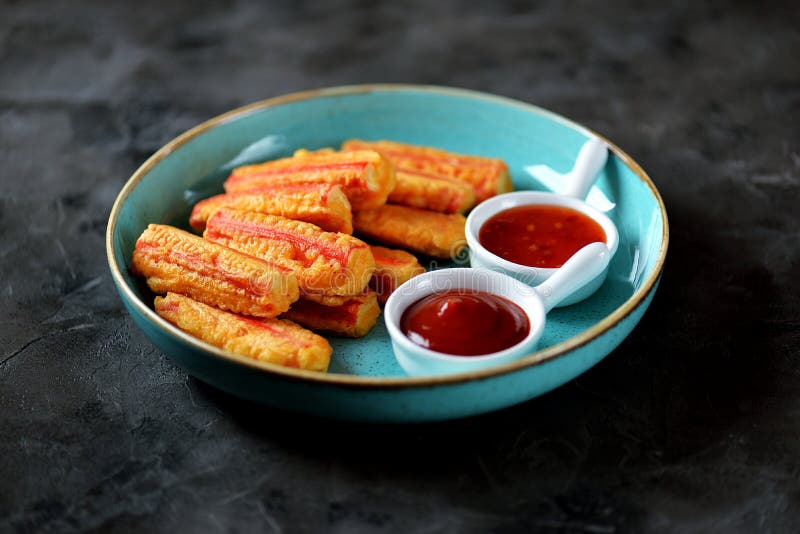 Fried Crab Sticks with Sauces. Stock Image Image of crab, deep 147153925