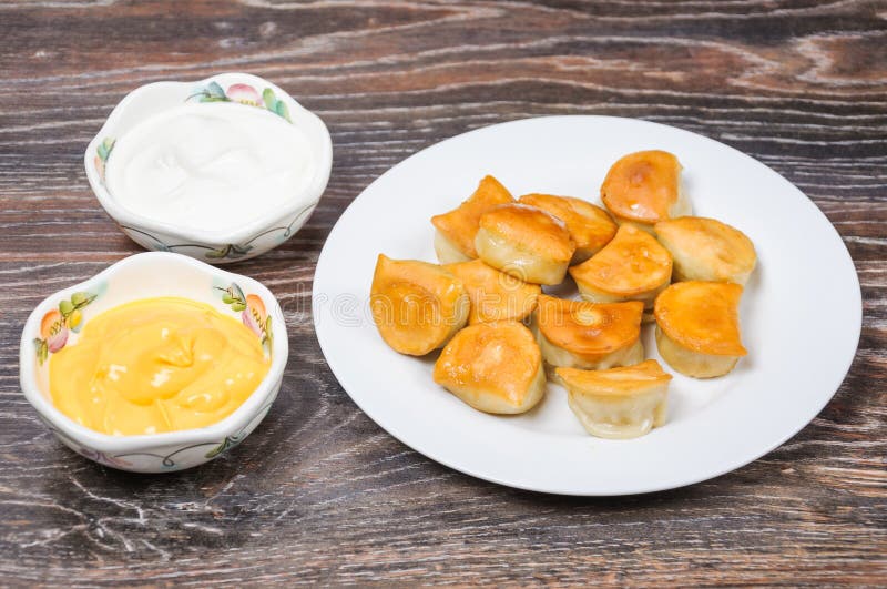 Fried Dumplings, Sour Cream and Cheese Sauce Stock Image Image of
