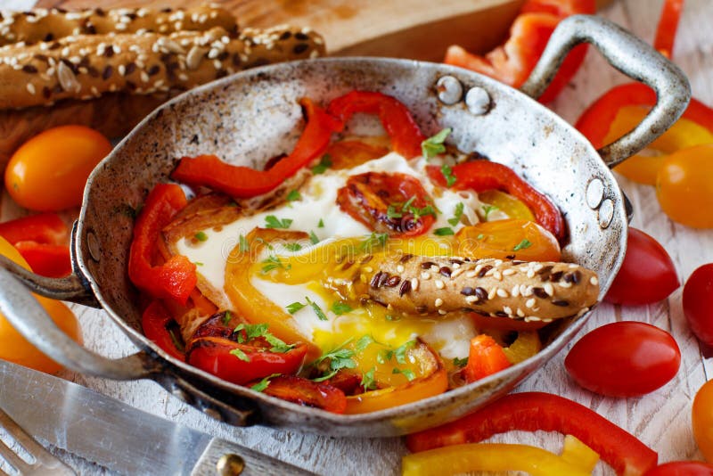 Fried Egg with a Bell Pepper and Tomatoes Stock Image Image of
