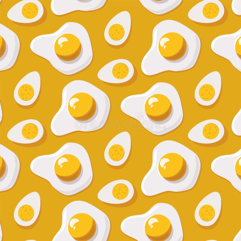 Fried Egg and Boiled Egg on Yellow Background. Vector Pattern. Stock