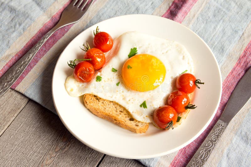 Fried Egg on Bread and Tomatoes Stock Photo Image of lunch, nutrient
