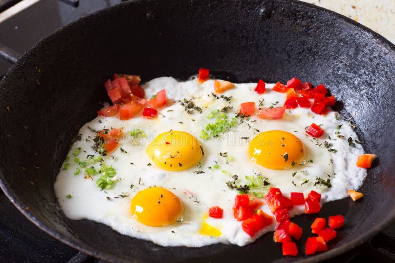 Fried Egg, Pepper, Basil and Onion on a Pan Stock Photo Image of cook