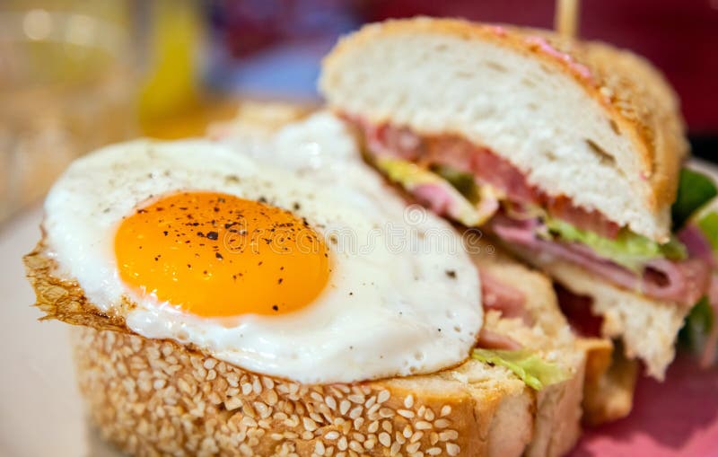 Fried Egg Sandwich with White Bread. Healthy Breakfast, Closeup View