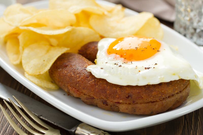 Fried Egg with Sausage and Chips on Plate Stock Photo Image of green