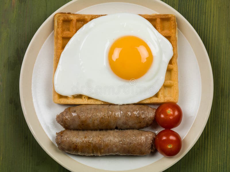 Fried Egg and Sausages on Waffles Stock Photo Image of breakfast