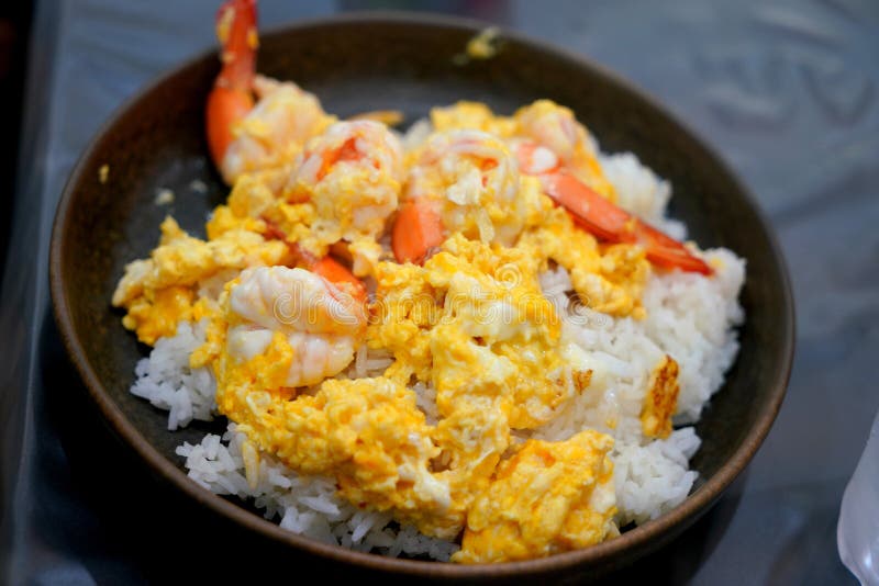 Fried Egg with Shrimp on Jasmine Rice, Thailand Fast Food Stock Image