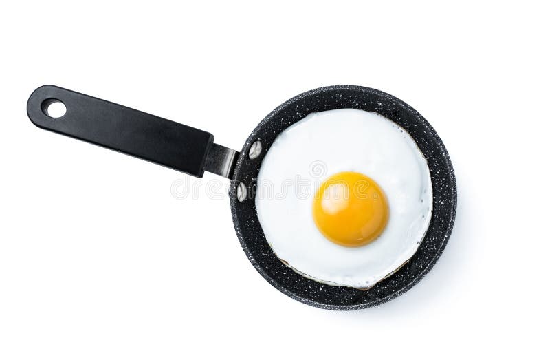 Fried Egg in Small Frying Pan Isolated on White. Top View Stock Photo