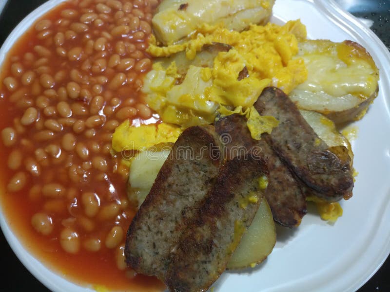 Jacket Potato and Sausages with Beans Stock Photo Image of jacket