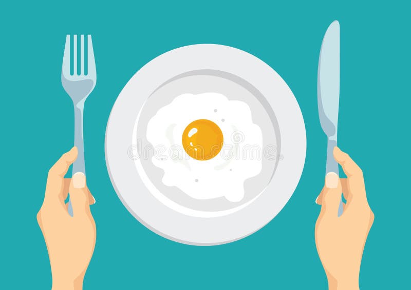 Fried egg in a white plate. Hands holding a knife and fork.