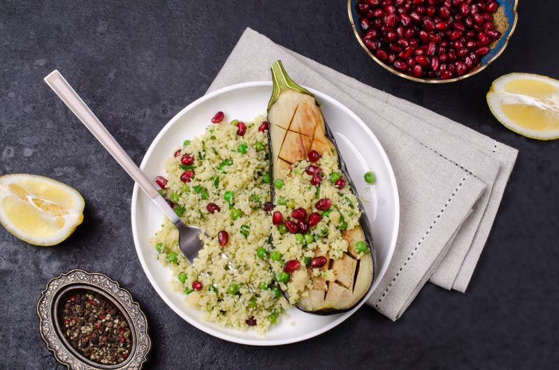 Fried Eggplant with Couscous Stock Photo Image of clean, healthy