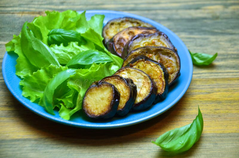 Fried Eggplant with Lettuce and Basil Leaves Stock Image Image of appetizer, fried 126145551