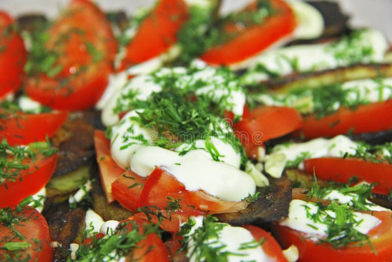 Fried eggplants and fresh tomato with souce and herbs royalty free stock photo Fried eggplants and fresh tomato with souce and herbs royalty free stock photo