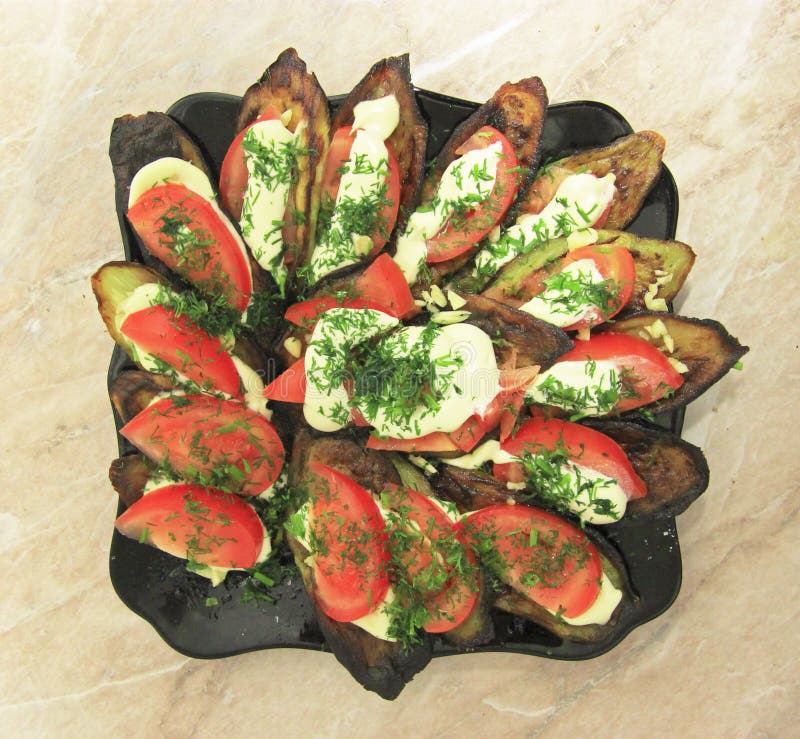 Fried eggplants and fresh tomato with souce and herbs stock photography Fried eggplants and fresh tomato with souce and herbs stock photography