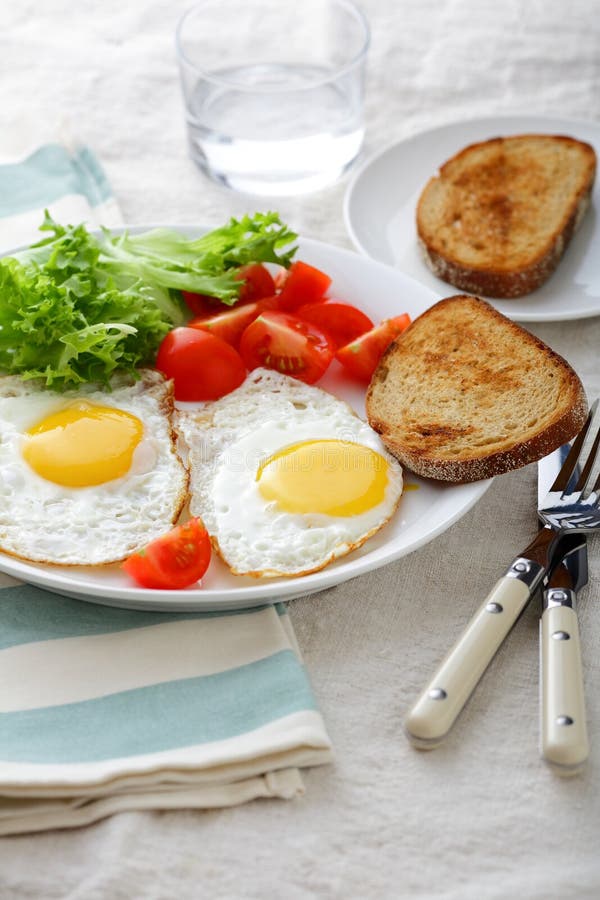 Fried Eggs with Bread, Tomato and Lettuce on a Plate Stock Image
