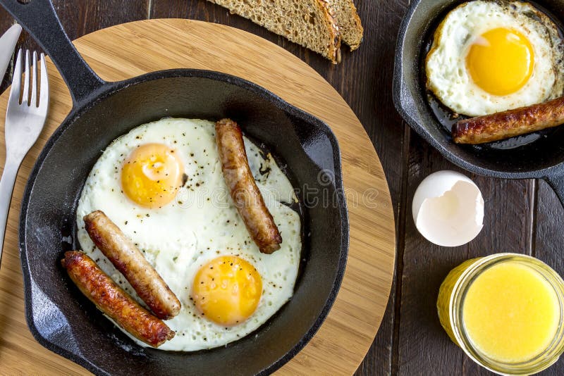 Fried Eggs in Cast Iron Skillet Stock Photo - Image of cutting, pork ...