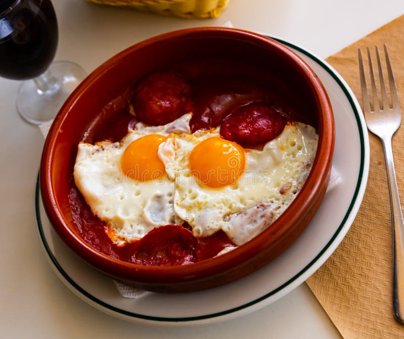 Fried Eggs with Chorizo and Tomato Paste in Pan Close Up Stock Image Image of dish, food