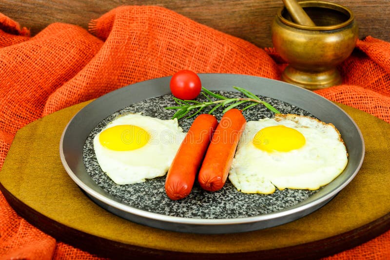 Fried Eggs with Fried Sausages Stock Photo Image of herb, dinner