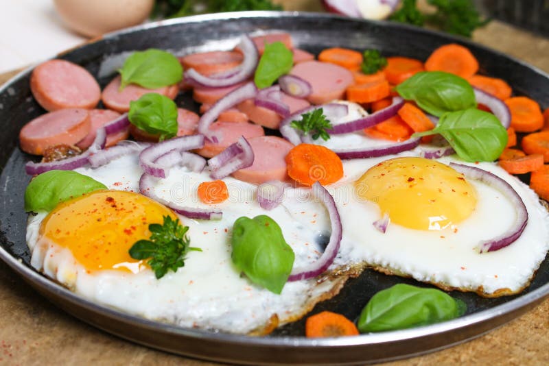 Fried Eggs in a Frying Pan with Vegetables Stock Photo Image of food