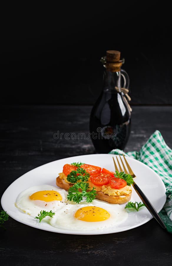 Fried Eggs and a Grilled Chicken Pate Sandwich Stock Photo Image of